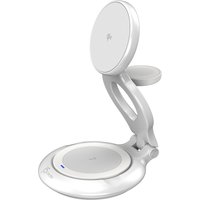 White j5create Qi2 3-in-1 magnetic foldable wireless charging station with circular charging pads and adjustable stand.