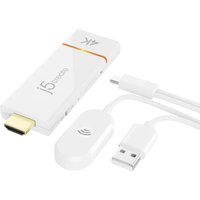 White j5create 4K wireless display adapter with HDMI connector, USB cable, and compact design featuring orange accents.