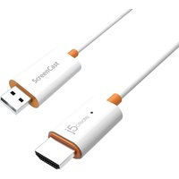 White j5create HDMI wireless adapter with USB and HDMI connectors, orange accents, labeled "ScreenCast" and "j5create".