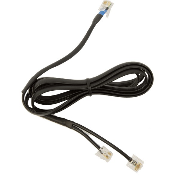 Black accessory cable with two clear connectors at each end, designed for Jabra headphones and headsets, featuring a flexible rubberized material for durability.