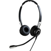 Black Jabra BIZ 2400 II Duo headset with padded ear cups, adjustable headband, and flexible boom microphone.