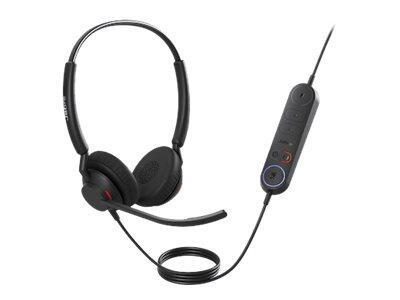 Black Jabra Engage 40 headset with padded ear cups, adjustable headband, and an inline control unit featuring buttons for volume and mute.