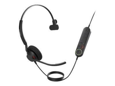 Black Jabra Engage 40 USB-a UC Mono headset featuring a single ear cup, flexible boom microphone, and an inline control unit with buttons for volume and call management.