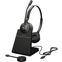 Black Jabra Engage 55 SE stereo headset with USB-C connector, adjustable headband, boom mic, and charging stand.