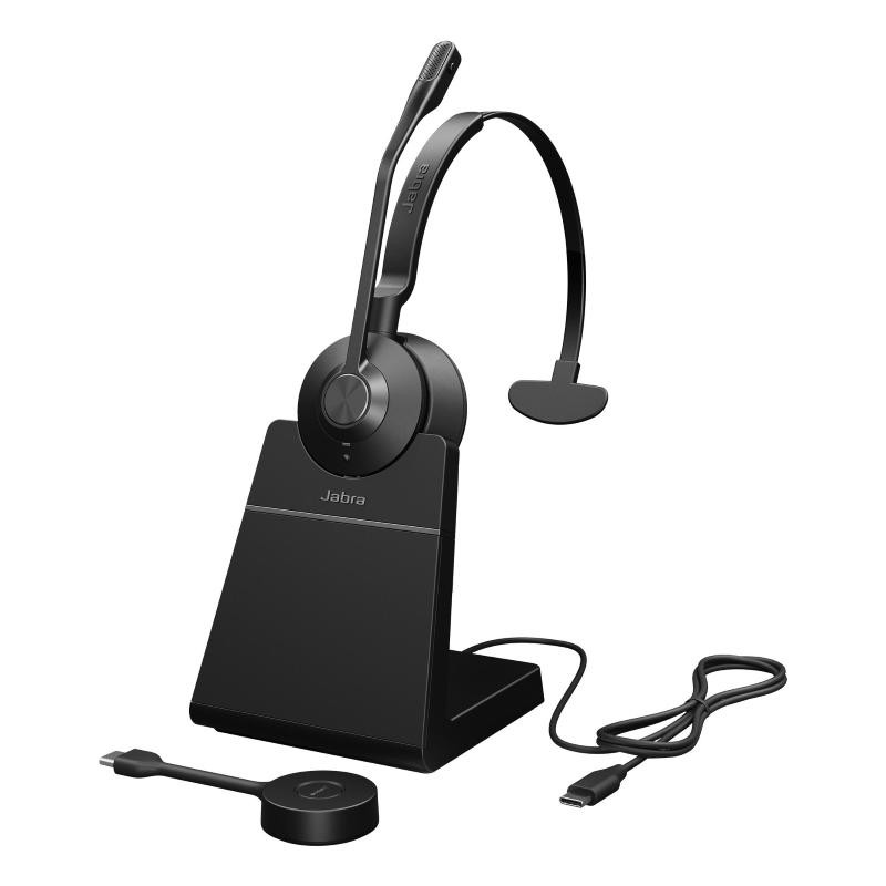 Black Jabra Engage 55 SE UC Mono USB-C headset with a sleek design, adjustable headband, attached microphone, and a charging stand, accompanied by a USB-C cable.