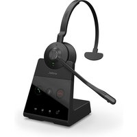 Black Jabra Engage 65 Mono headset with single earpiece, adjustable headband, and microphone on a sleek charging stand.