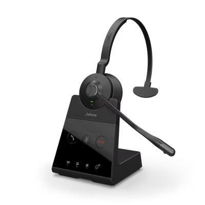 Black mono headset with a flexible microphone, mounted on a sleek black charging base featuring control buttons and LED indicators.