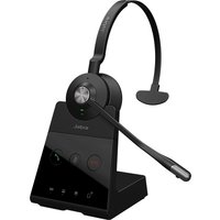 Black Jabra Engage 65 SE mono headset with cushioned earpiece, adjustable headband, and sleek charging base.