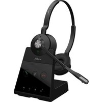 Black Jabra Engage 65 SE stereo headset with cushioned ear cups and adjustable headband on a sleek charging stand.