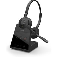 Black Jabra Engage 65 Stereo headset with dual ear cups, boom mic, and sleek charging stand.