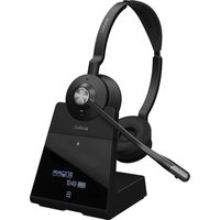 Black Jabra Engage 75 SE stereo headset with cushioned ear pads, adjustable headband, and sleek charging base.