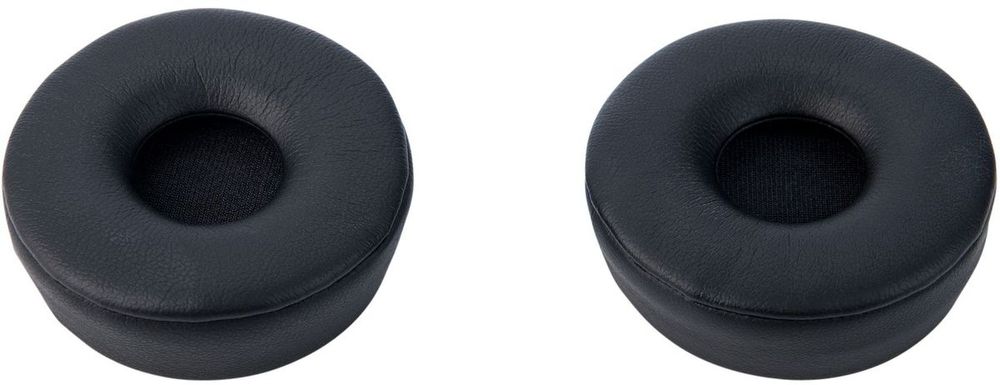 Black Jabra Engage ear pads made from soft leather-like material, featuring a circular design with a central opening for comfortable fit and enhanced sound isolation.