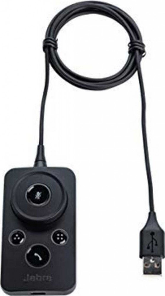 Black Jabra Engage Link USB-a UC device with a circular volume control, three buttons for call management, and a USB connector, featuring a sleek, compact design.