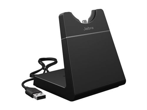 Black Jabra Engage SE Desk Stand with a sleek design, featuring a USB-A connection, designed for stereo or mono headsets, and a sturdy base for stability.
