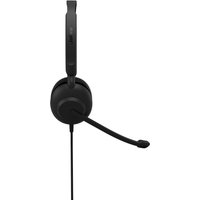 Black Jabra Evolve 10 stereo headset with USB-A connection, adjustable headband, and boom microphone.