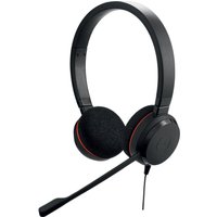 Black Jabra Evolve 20 wired headset with padded ear cushions, adjustable headband, and attached microphone boom.