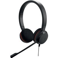 Black Jabra Evolve 20 MS Stereo headset with padded ear cushions, adjustable headband, and attached boom microphone.