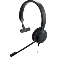 Black Jabra EVOLVE 20 UC Mono headset with single ear cushion, adjustable headband, and boom microphone.