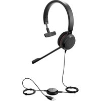 Black Jabra Evolve 30 II MS Mono headset with cushioned ear pad, adjustable headband, and USB connection.