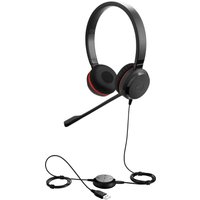Black Jabra Evolve 30 II MS stereo headset with padded ear cups, adjustable headband, and USB connection.