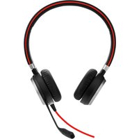 Black Jabra EVOLVE 40 MS Stereo headset with red accents, cushioned ear cups, and adjustable boom microphone.