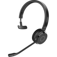 Black Jabra Evolve 65 TE mono headset with adjustable headband and boom microphone.