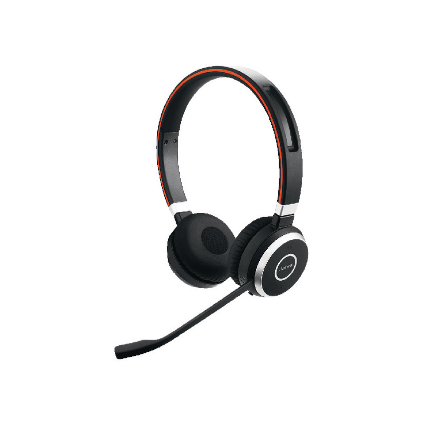 Black stereo headset with a sleek design, featuring a padded earcup, adjustable headband, and a flexible microphone boom, accented with red detailing.