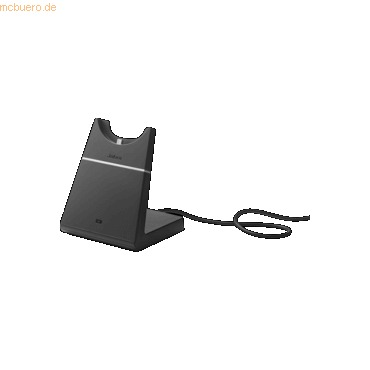 Black charging stand for Jabra Evolve 75, featuring a sleek design with a horizontal slot for the headset and a cable for power connection.