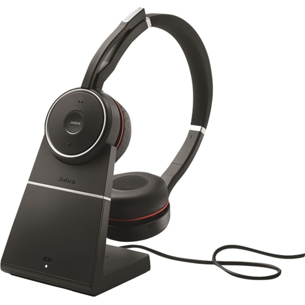 Black wireless headset with a sleek design, featuring a padded ear cup, adjustable headband, and a charging stand, highlighted by red accents and a large control button.