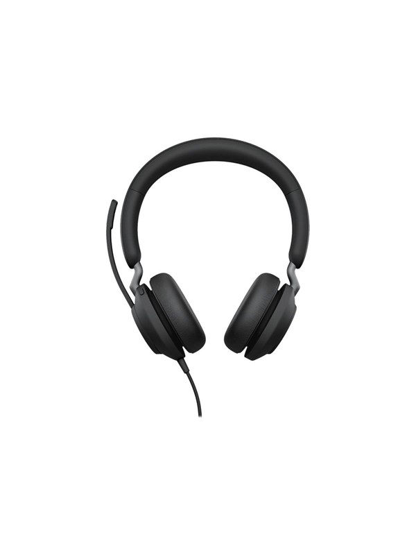 Black Jabra Evolve2 40 SE USB-C UC Stereo headphones with a padded headband, soft ear cushions, and an adjustable microphone, featuring an extended cord for connectivity.
