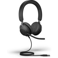 Black Jabra Evolve2 40 Stereo USB-A UC corded headset with cushioned ear cups and adjustable headband.