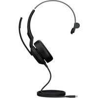 Black Jabra Evolve2 50 Mono USB-C headset with cushioned ear pad, adjustable headband, and boom microphone.