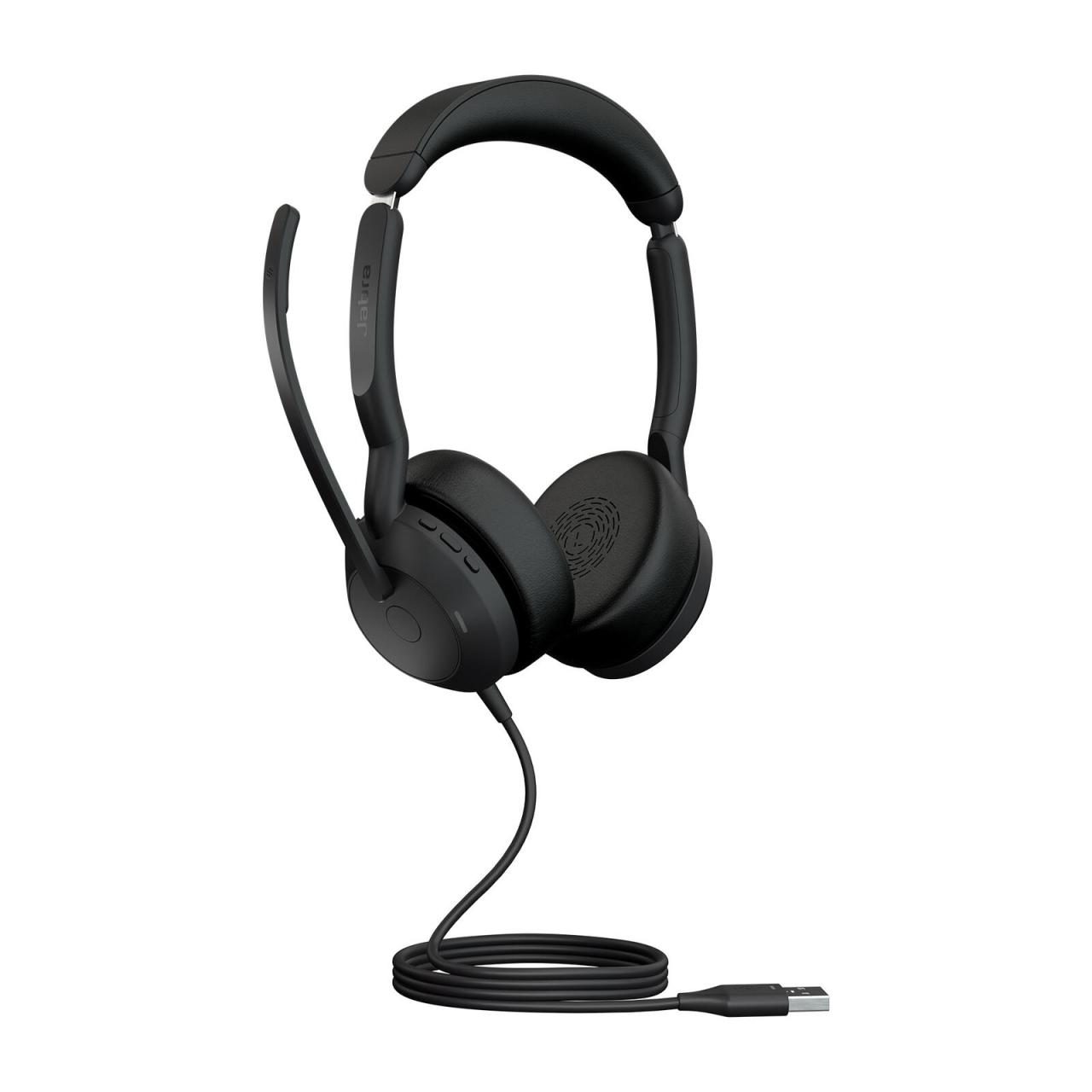 Black corded headset with over-ear cushions, adjustable headband, and a flexible boom microphone, featuring a USB-A connector for connectivity.