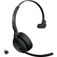 Black Jabra Evolve2 55 mono headset with cushioned earcup, adjustable headband, and USB dongle.