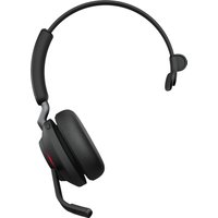 Black Jabra Evolve2 65 USB-C MS Mono headset with cushioned ear pad, adjustable headband, and boom microphone.