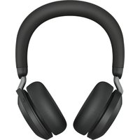 Black Jabra Evolve2 75 headset with cushioned ear cups, USB-C connection, MS Teams compatibility, and desk stand.