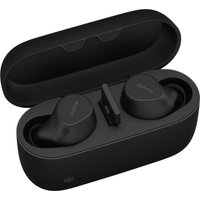Black Jabra Evolve2 Buds in open charging case with USB-A adapter, sleek design, includes wireless charging pad.