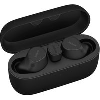 Black Jabra Evolve2 wireless earbuds in an open charging case with USB-C port, sleek matte finish.