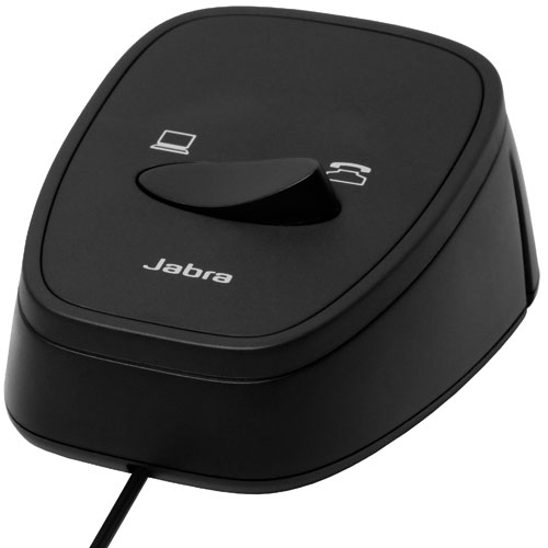 Black Jabra LINK 180 communications enabler with a manual switch, featuring icons for deskphone and softphone, designed for seamless connectivity between devices.