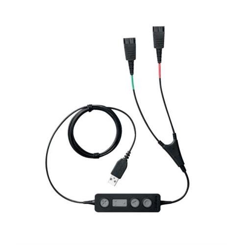 Black training cable with a USB connector and two QD connectors, featuring a control box with three buttons for volume and call management.