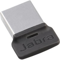 Compact black and silver Jabra LINK 370 USB Bluetooth adapter with Jabra logo on the black portion.