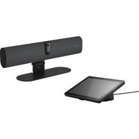 Black Jabra Panacast 40 video bar with sleek design, wide lens, and separate touchscreen control panel.