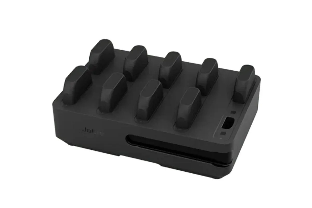Black Jabra Perform 75 Charging Bay with ten slots for charging, featuring a sleek design and a small indicator light on the side.
