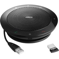 Black Jabra Speak 510+ Bluetooth speakerphone with circular design, USB connector, and Jabra Link 360 adapter.
