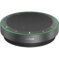 Dark grey Jabra Speak2 75 speakerphone with green LED ring, touch controls, and USB-C port for MS Teams.