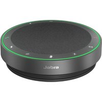 Dark grey Jabra Speak2 75 UC speakerphone with circular design, green LED ring, and touch controls on top surface.