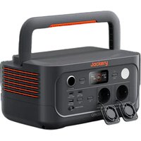 "Gray Jackery Explorer 500 v2 portable power station with LCD screen, multiple outlets, and orange accents"