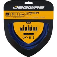 Jagwire 1x Pro Shift Kit with blue cables, black housing, and connectors in a black and yellow triangular package.