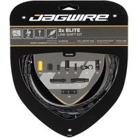 Jagwire Elite 2X Link Gear Cable Kit with black cables, connectors, and accessories in a triangular black package.