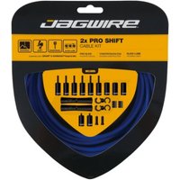 Jagwire Pro Gear Kit Lex-SL Cable, blue cables with black housing, connectors, and ferrules in a triangular package.